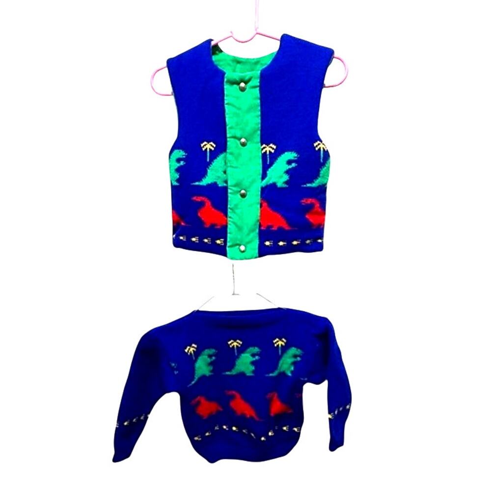 Vintage 80s 90s Kids Dinosaur Sweater Vest Set Made USA T Rex Grinss 2 Pc